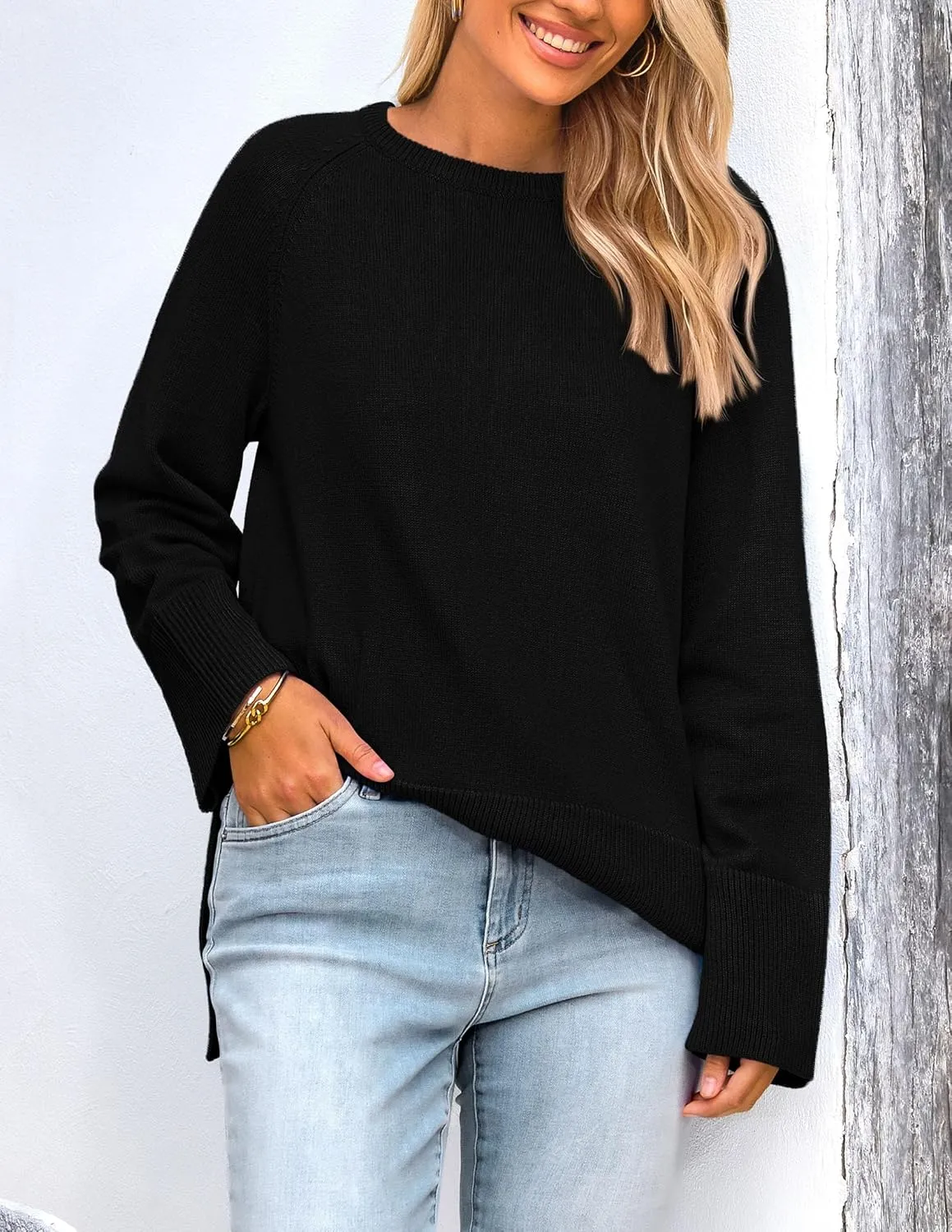 PRETTYGARDEN Women's Knit Spring Sweaters Long Sleeve Pullover Crewneck Split Hem Loose Oversized Tunic Fall Sweater Top