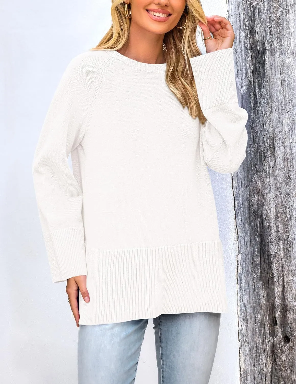 PRETTYGARDEN Women's Knit Spring Sweaters Long Sleeve Pullover Crewneck Split Hem Loose Oversized Tunic Fall Sweater Top
