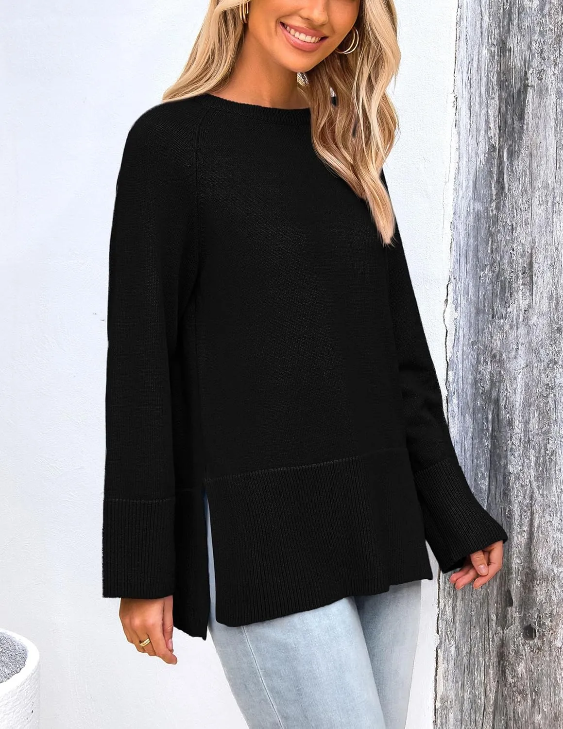 PRETTYGARDEN Women's Knit Spring Sweaters Long Sleeve Pullover Crewneck Split Hem Loose Oversized Tunic Fall Sweater Top