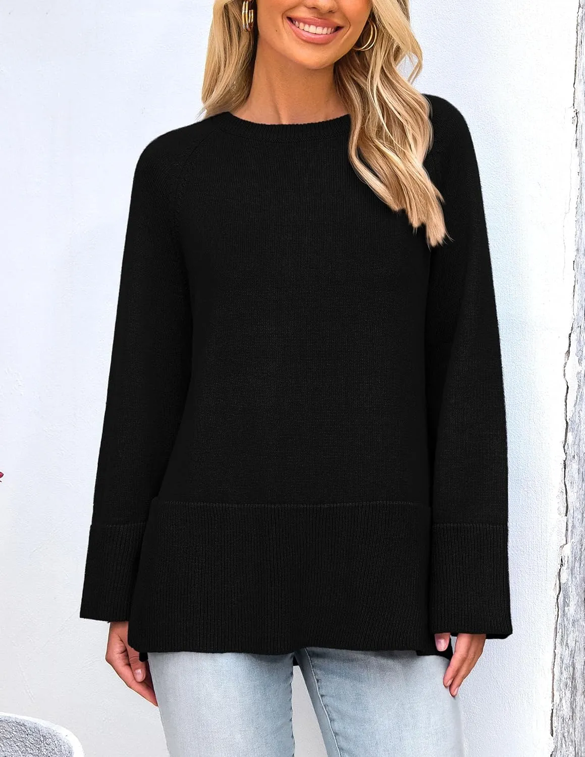 PRETTYGARDEN Women's Knit Spring Sweaters Long Sleeve Pullover Crewneck Split Hem Loose Oversized Tunic Fall Sweater Top