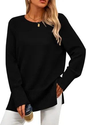 PRETTYGARDEN Women's Knit Spring Sweaters Long Sleeve Pullover Crewneck Split Hem Loose Oversized Tunic Fall Sweater Top