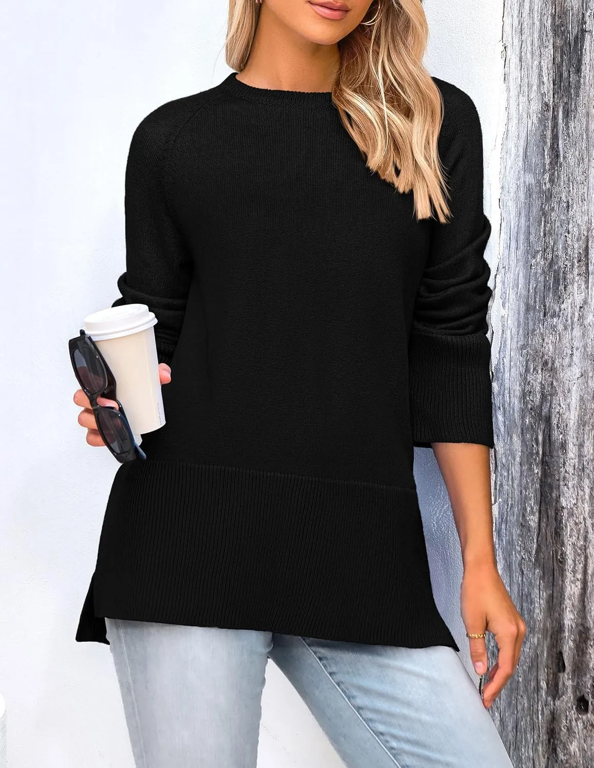 PRETTYGARDEN Women's Knit Spring Sweaters Long Sleeve Pullover Crewneck Split Hem Loose Oversized Tunic Fall Sweater Top