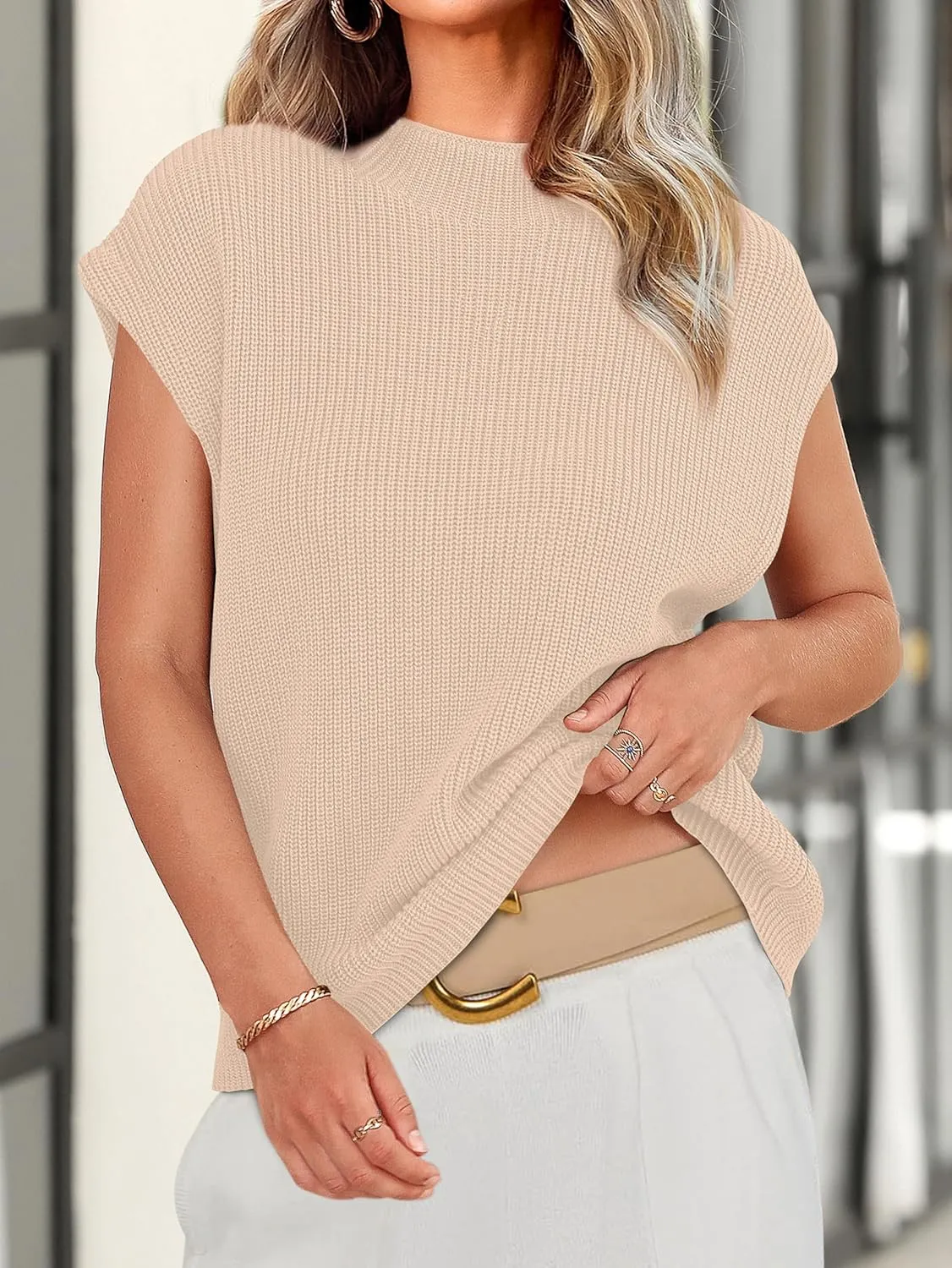 PRETTYGARDEN Womens Mock Neck Sleeveless Sweater Vest 2025 Summer Casual Fall Short Cap Sleeve Knit Ribbed Pullover Tank Tops
