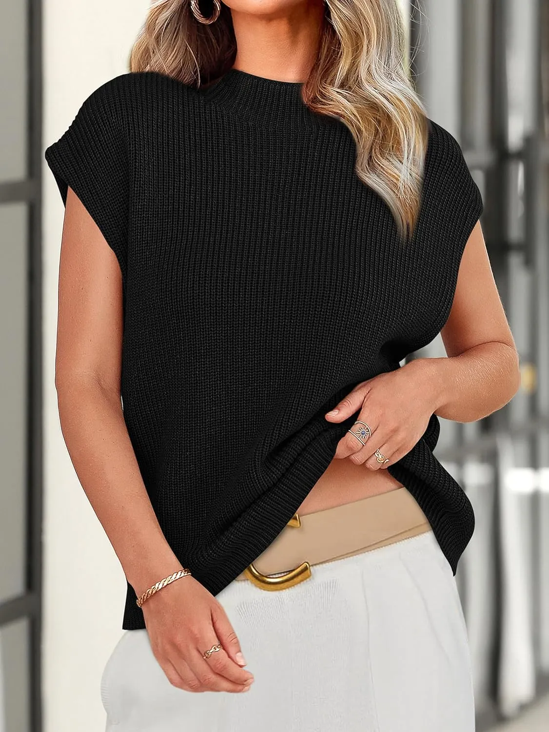 PRETTYGARDEN Womens Mock Neck Sleeveless Sweater Vest 2025 Summer Casual Fall Short Cap Sleeve Knit Ribbed Pullover Tank Tops