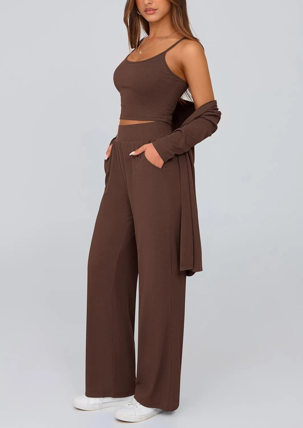 PRETTYGARDEN Women's Spring 3 Piece Pajamas Lounge Sets Fall Ribbed Knit Long Cardigan Cropped Tank Tops Wide Leg Pants