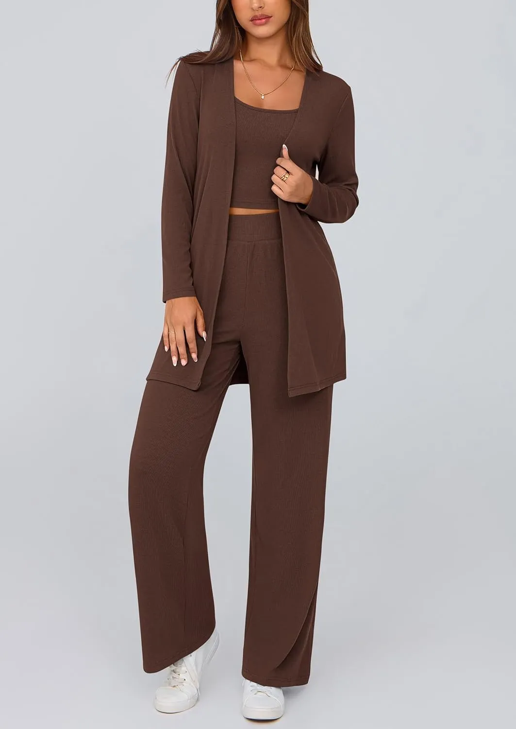 PRETTYGARDEN Women's Spring 3 Piece Pajamas Lounge Sets Fall Ribbed Knit Long Cardigan Cropped Tank Tops Wide Leg Pants