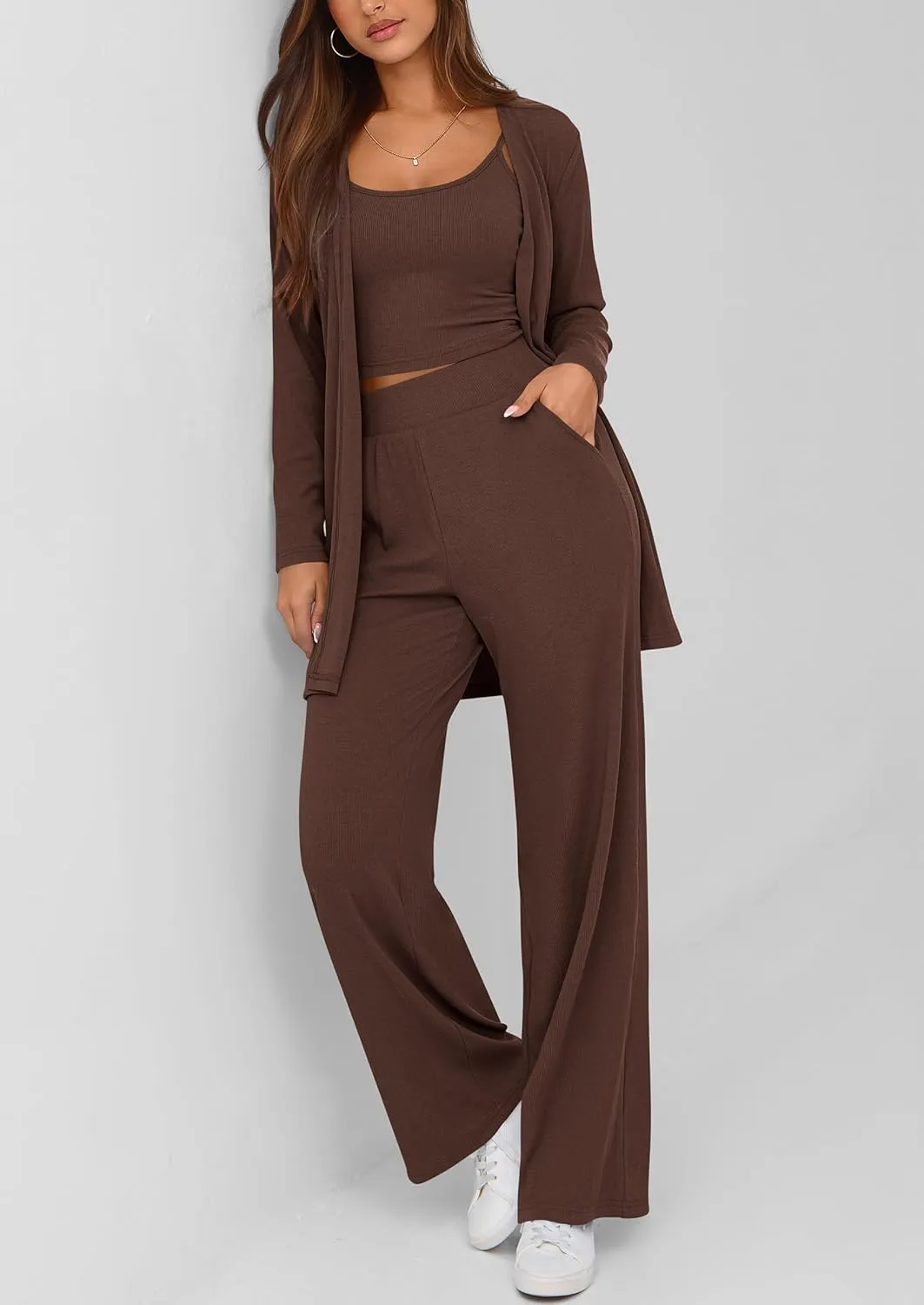 PRETTYGARDEN Women's Spring 3 Piece Pajamas Lounge Sets Fall Ribbed Knit Long Cardigan Cropped Tank Tops Wide Leg Pants
