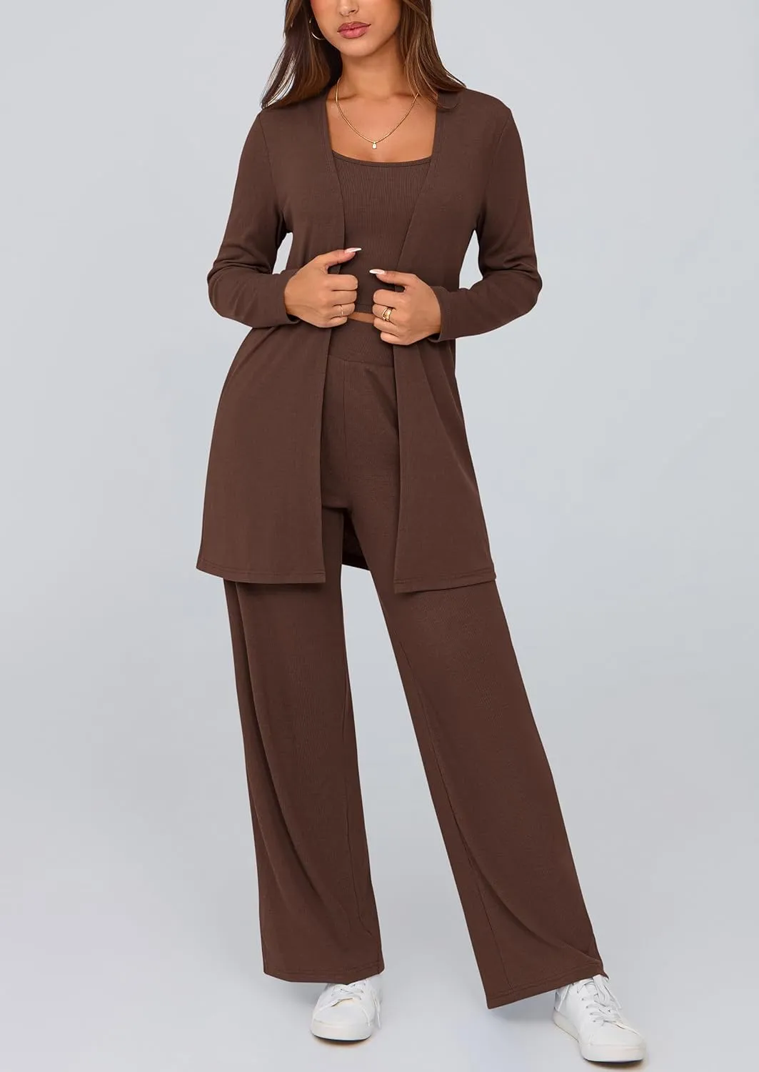 PRETTYGARDEN Women's Spring 3 Piece Pajamas Lounge Sets Fall Ribbed Knit Long Cardigan Cropped Tank Tops Wide Leg Pants