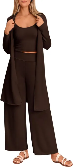 PRETTYGARDEN Women's Spring 3 Piece Pajamas Lounge Sets Fall Ribbed Knit Long Cardigan Cropped Tank Tops Wide Leg Pants