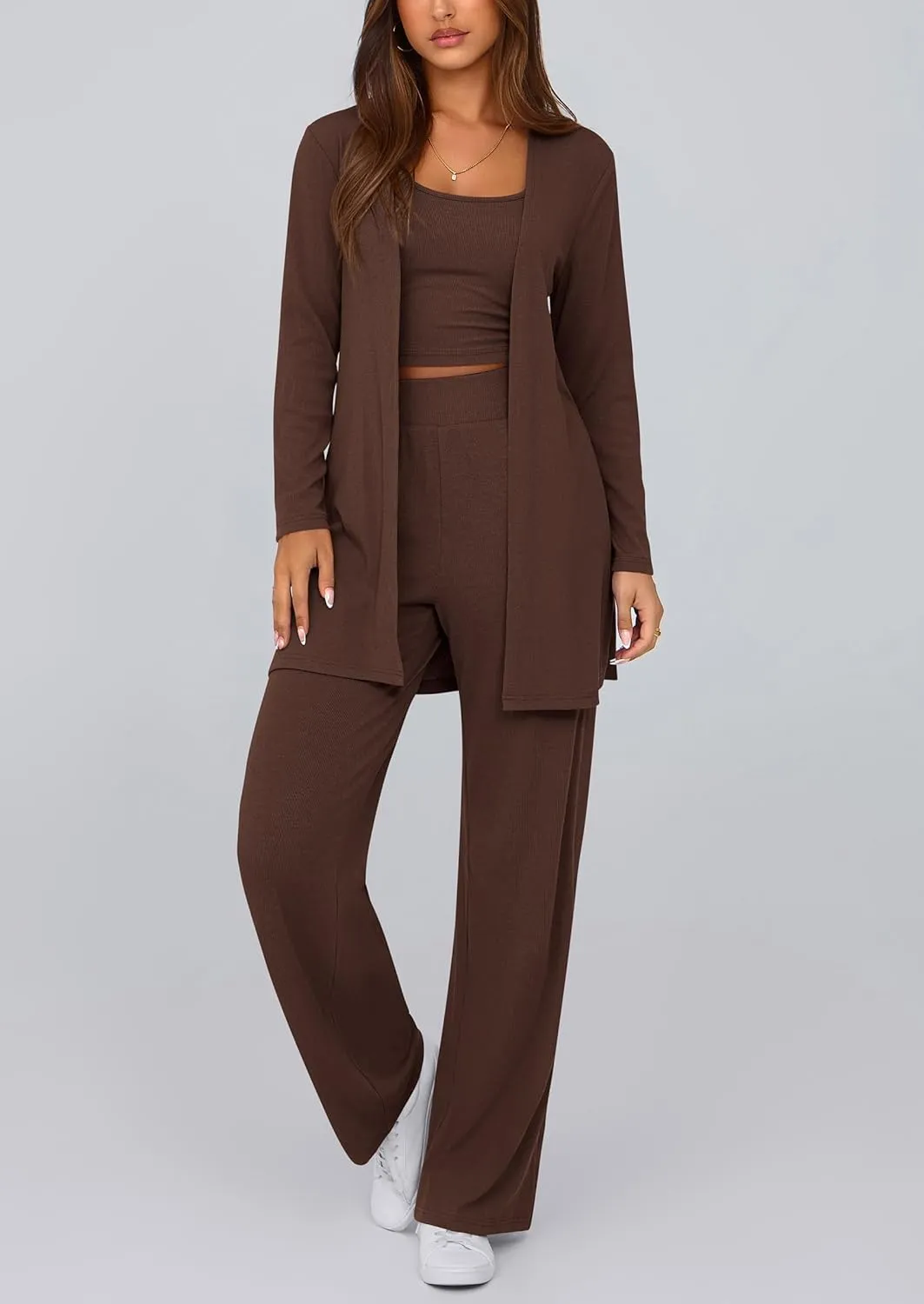 PRETTYGARDEN Women's Spring 3 Piece Pajamas Lounge Sets Fall Ribbed Knit Long Cardigan Cropped Tank Tops Wide Leg Pants