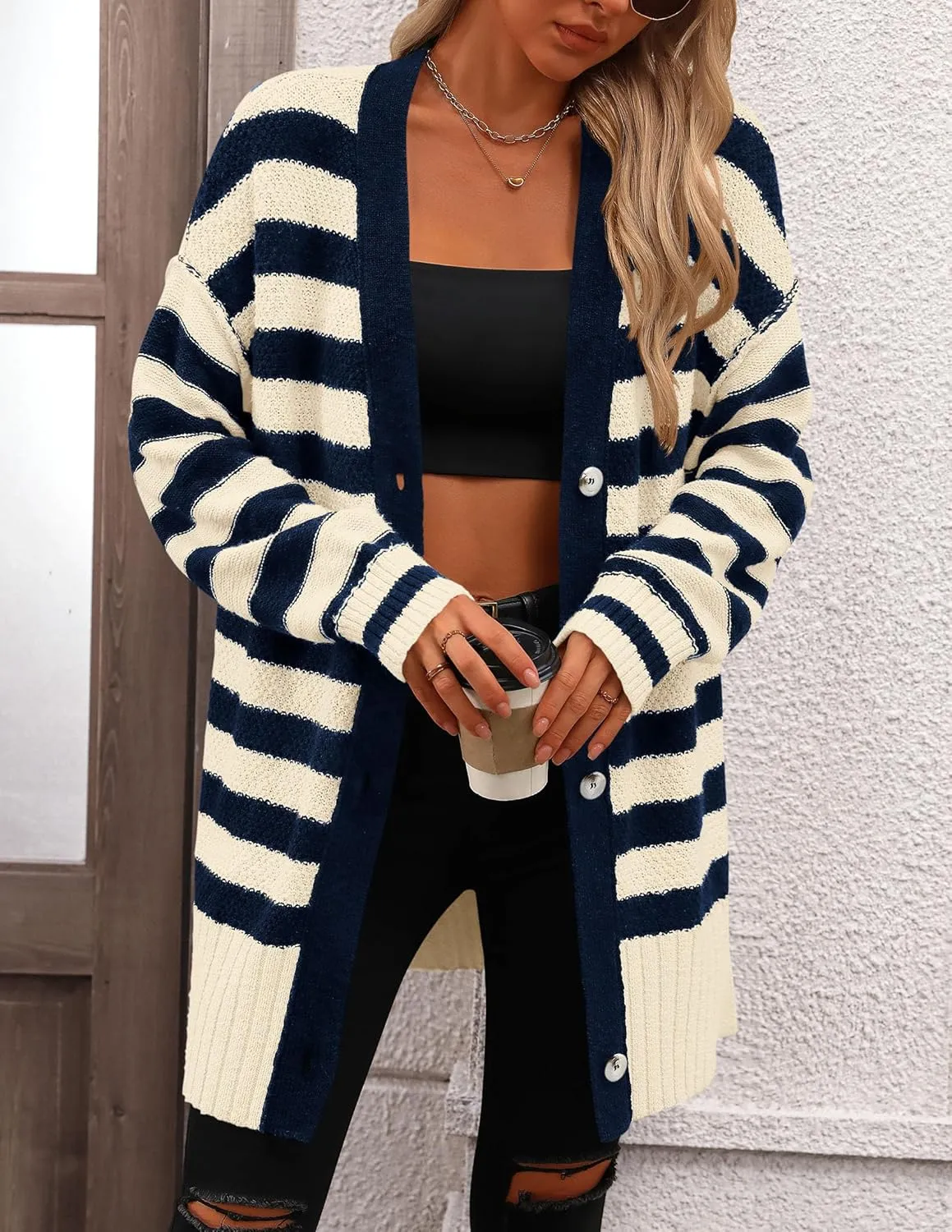 PRETTYGARDEN Women's Winter Striped Cardigan Sweaters Long Sleeve Button Down Open Front Chunky Knit Oversized Sweater Coat