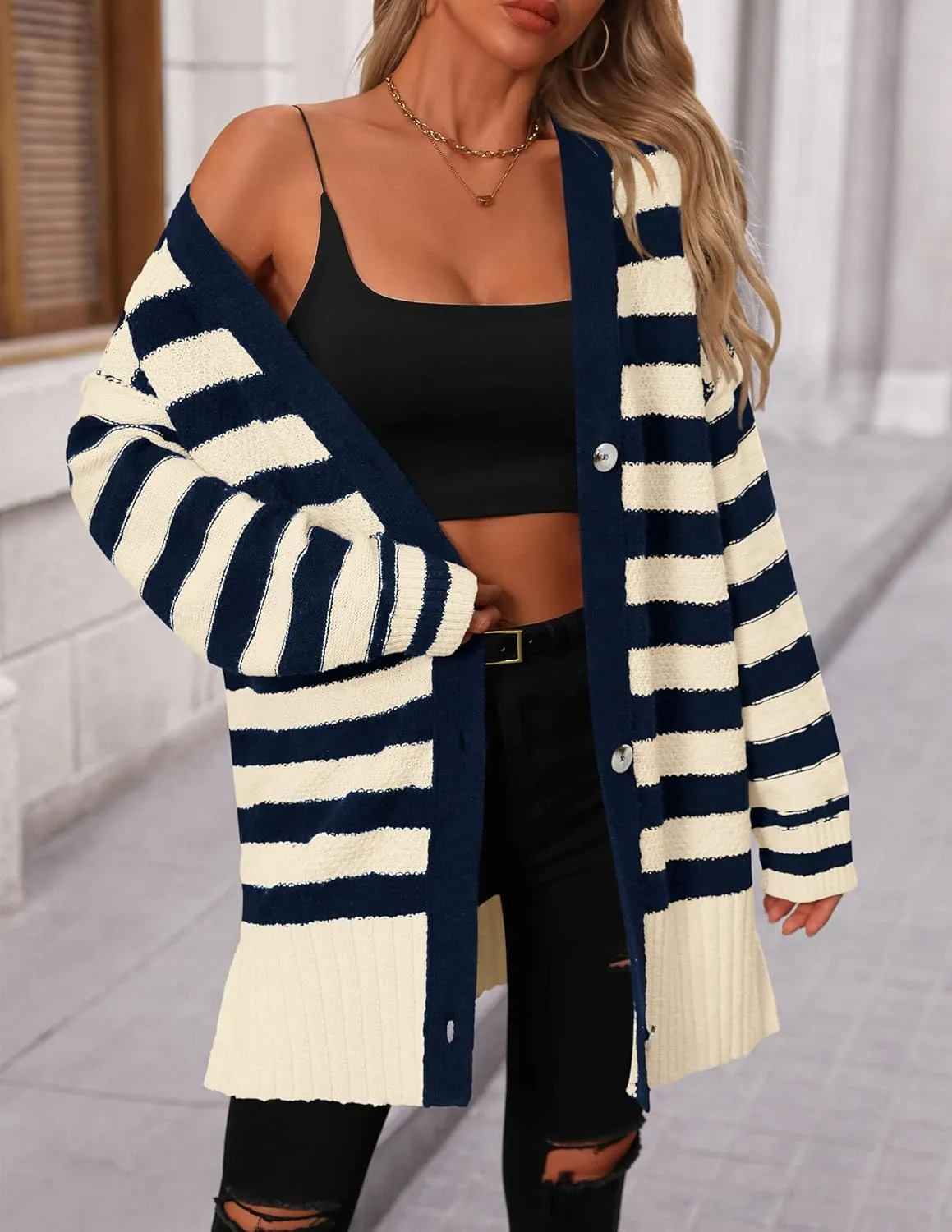 PRETTYGARDEN Women's Winter Striped Cardigan Sweaters Long Sleeve Button Down Open Front Chunky Knit Oversized Sweater Coat