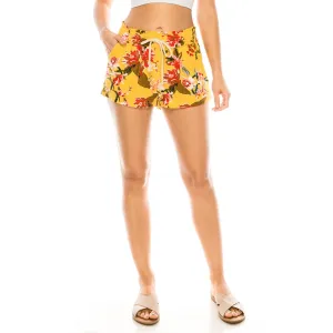 Printed Drawstring Linen Shorts - Yellow Floral