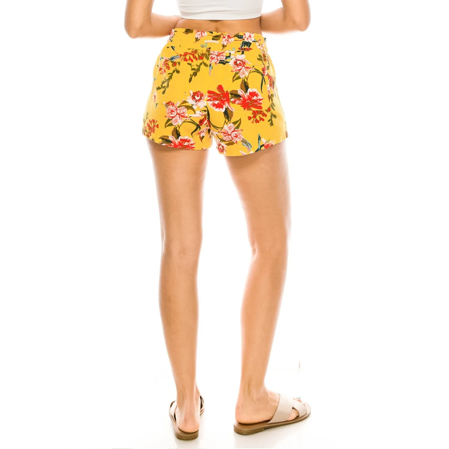 Printed Drawstring Linen Shorts - Yellow Floral