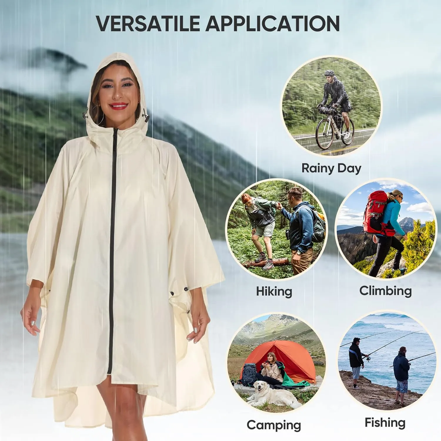 PTEROMY Hooded Rain Poncho for Adult with Pocket and Zipper, Waterproof Lightweight Raincoat for Men and Women