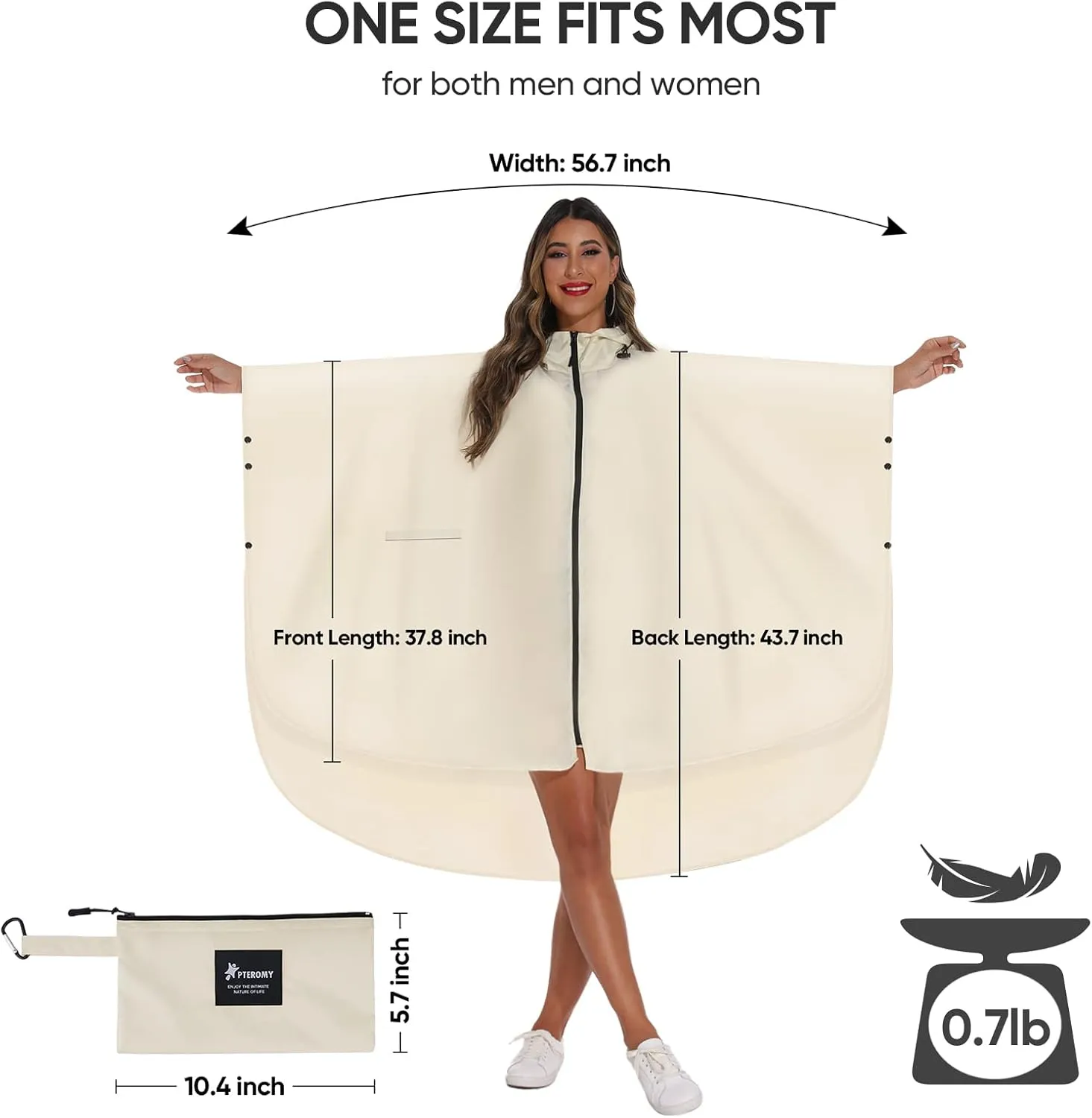 PTEROMY Hooded Rain Poncho for Adult with Pocket and Zipper, Waterproof Lightweight Raincoat for Men and Women