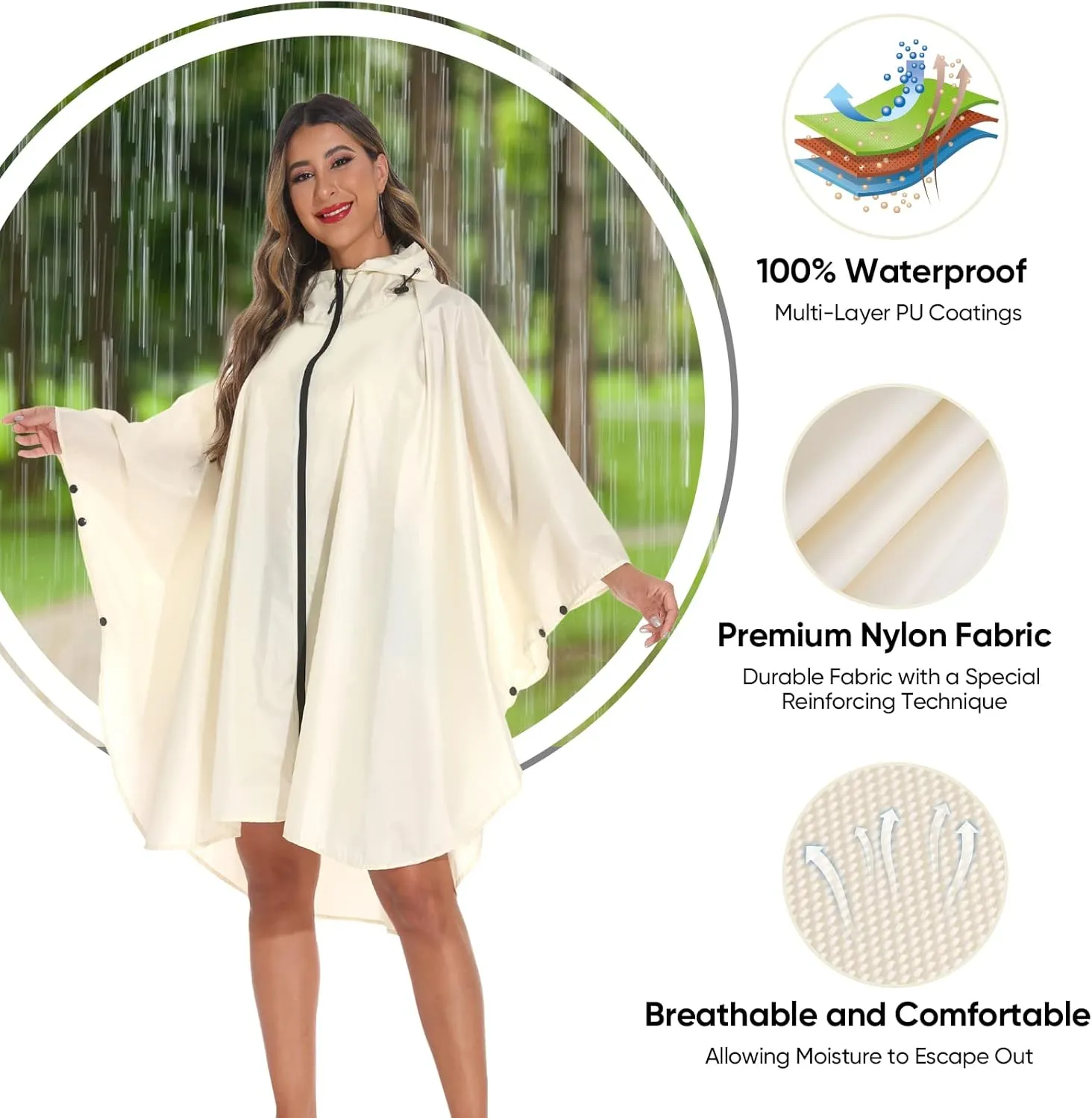 PTEROMY Hooded Rain Poncho for Adult with Pocket and Zipper, Waterproof Lightweight Raincoat for Men and Women