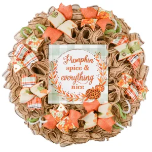Pumpkin Spice Fall Wreath - Farm Truck Thanksgiving Front Door Decor - Brown Orange Burlap Turquoise Green