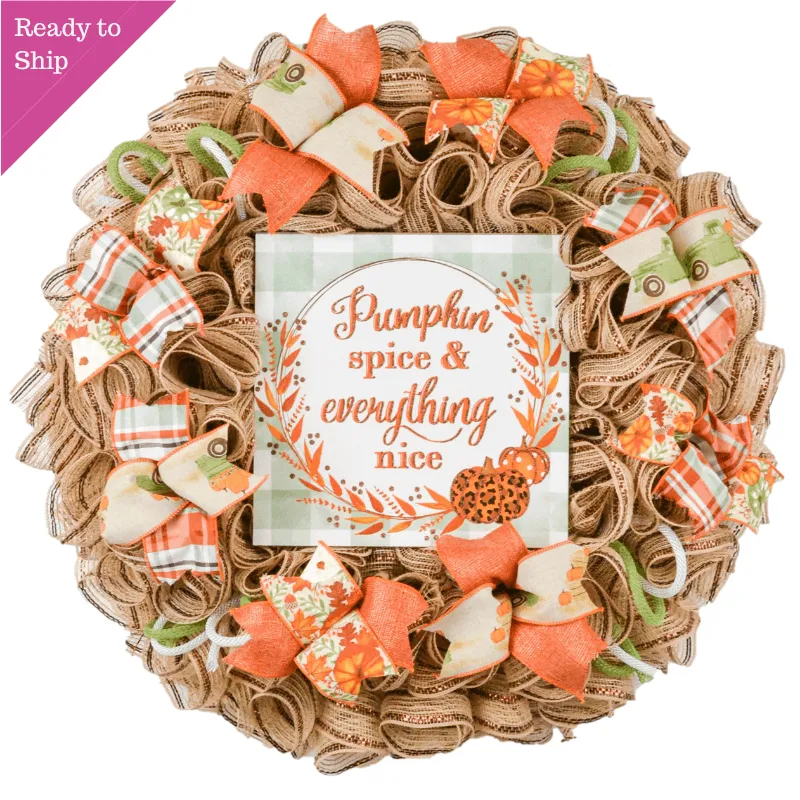 Pumpkin Spice Fall Wreath - Farm Truck Thanksgiving Front Door Decor - Brown Orange Burlap Turquoise Green