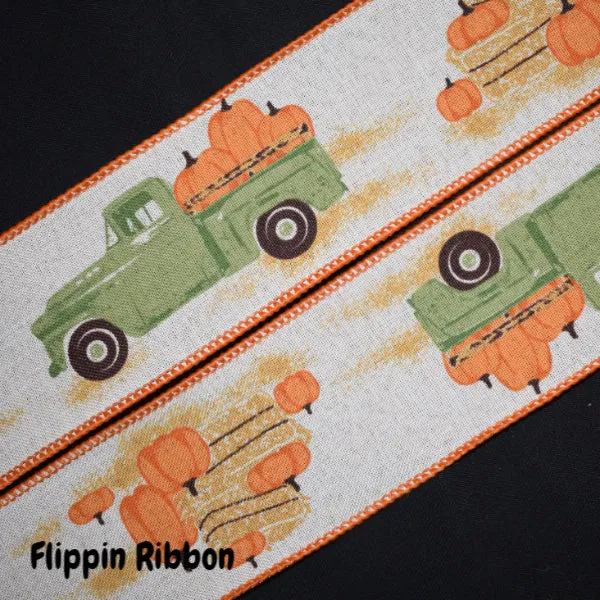 Pumpkin Truck Ribbon - 2 1/2 inch Printed Wired Polyester