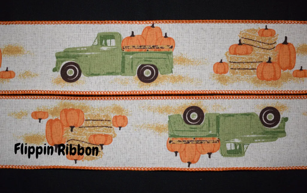 Pumpkin Truck Ribbon - 2 1/2 inch Printed Wired Polyester