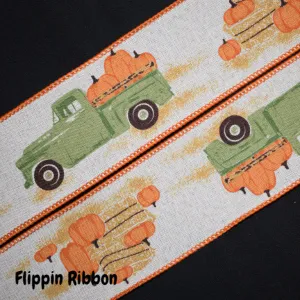 Pumpkin Truck Ribbon - 2 1/2 inch Printed Wired Polyester
