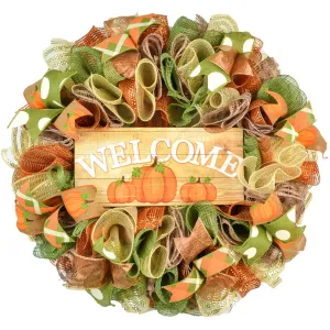 Pumpkin Wreaths - Welcome Thanksgiving Door Wreaths - Halloween Deep Tones Fall Autumn Front Door Decor - Orange Green Brown