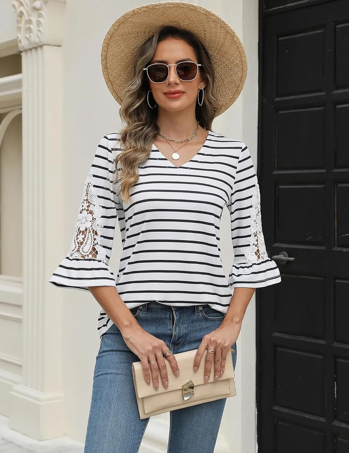 Rapbin 3/4 Length Sleeve Womens Tops Summer Lace Ruffles Sleeve T Shirts V-Neck Dressy Casual Trendy Tunic Blouses