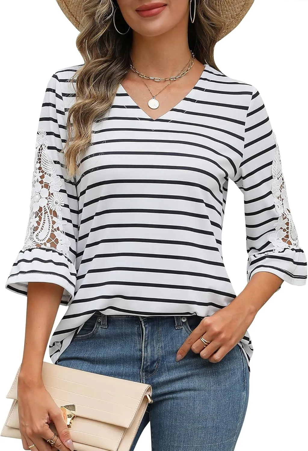 Rapbin 3/4 Length Sleeve Womens Tops Summer Lace Ruffles Sleeve T Shirts V-Neck Dressy Casual Trendy Tunic Blouses