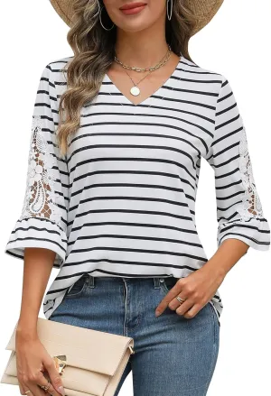 Rapbin 3/4 Length Sleeve Womens Tops Summer Lace Ruffles Sleeve T Shirts V-Neck Dressy Casual Trendy Tunic Blouses