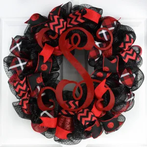 Red Monogram Everyday Mesh Door Wreath | Mother's Day Gift | Black White