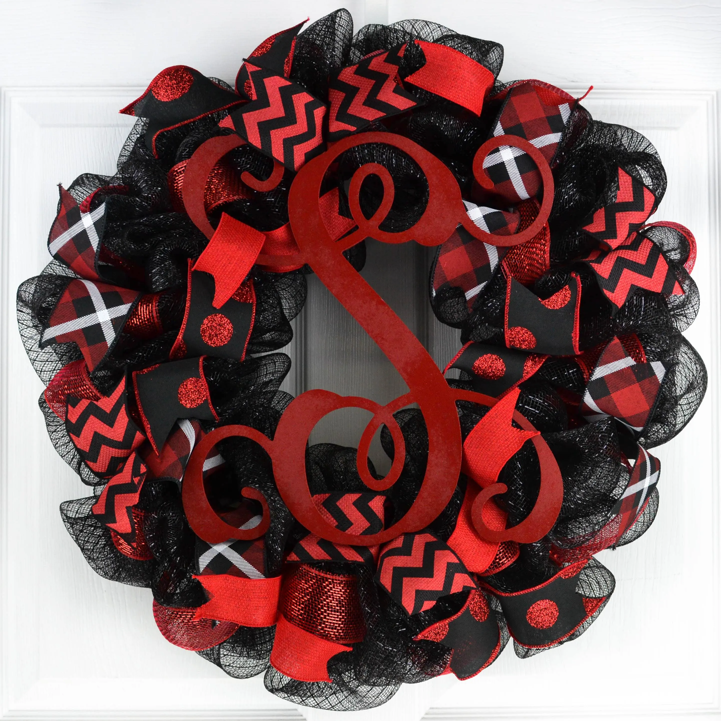 Red Monogram Everyday Mesh Door Wreath | Mother's Day Gift | Black White
