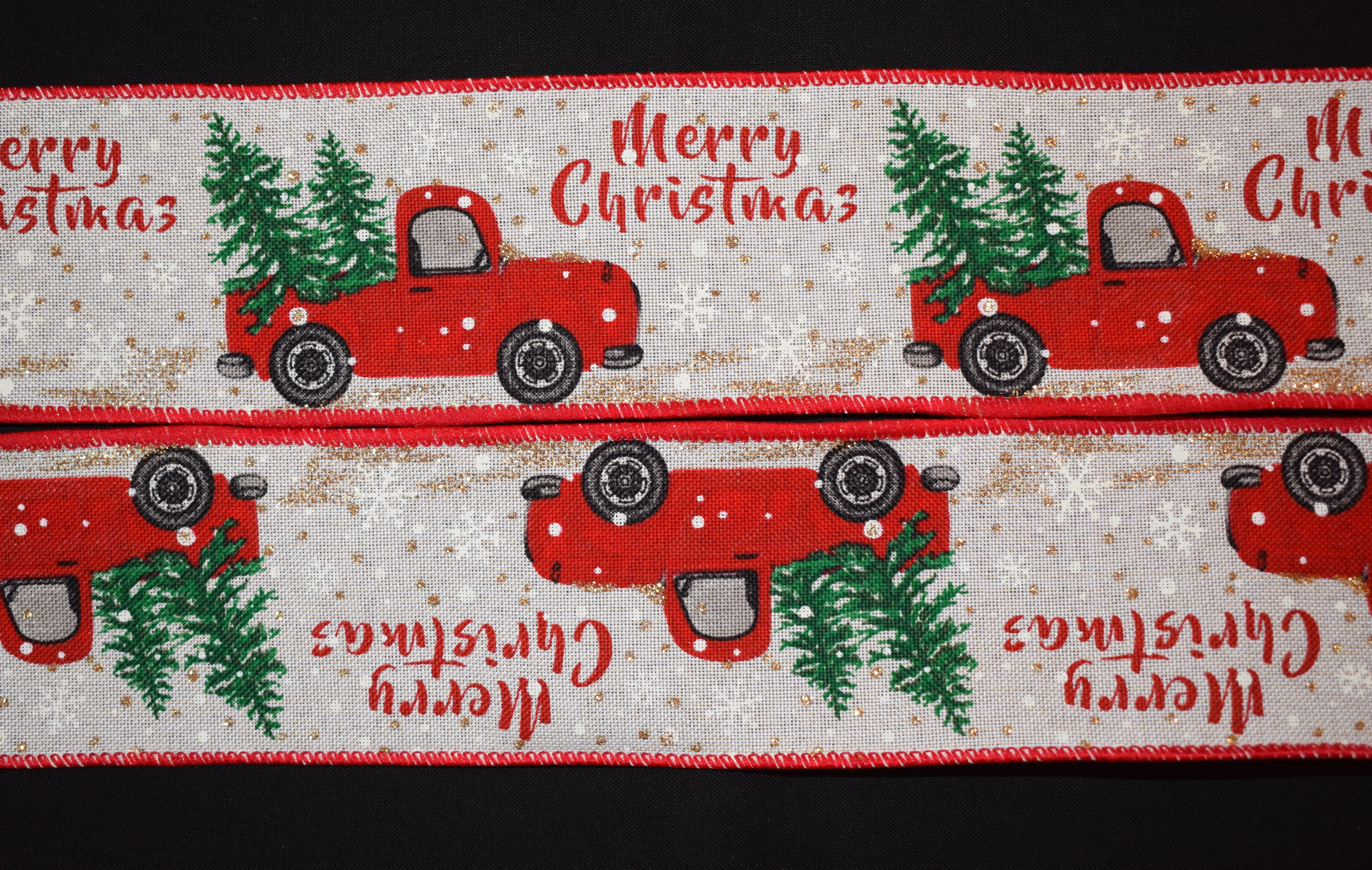 Red Truck Merry Christmas Ribbon - 2 1/2 inch Printed Wired Polyester