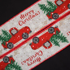 Red Truck Merry Christmas Ribbon - 2 1/2 inch Printed Wired Polyester