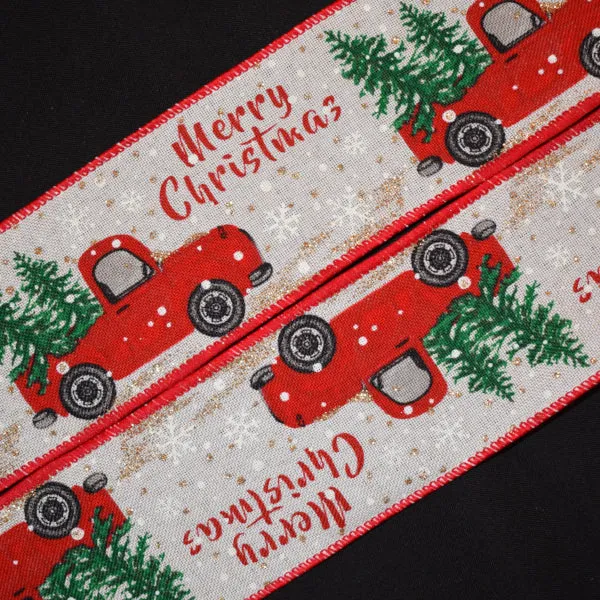 Red Truck Merry Christmas Ribbon - 2 1/2 inch Printed Wired Polyester