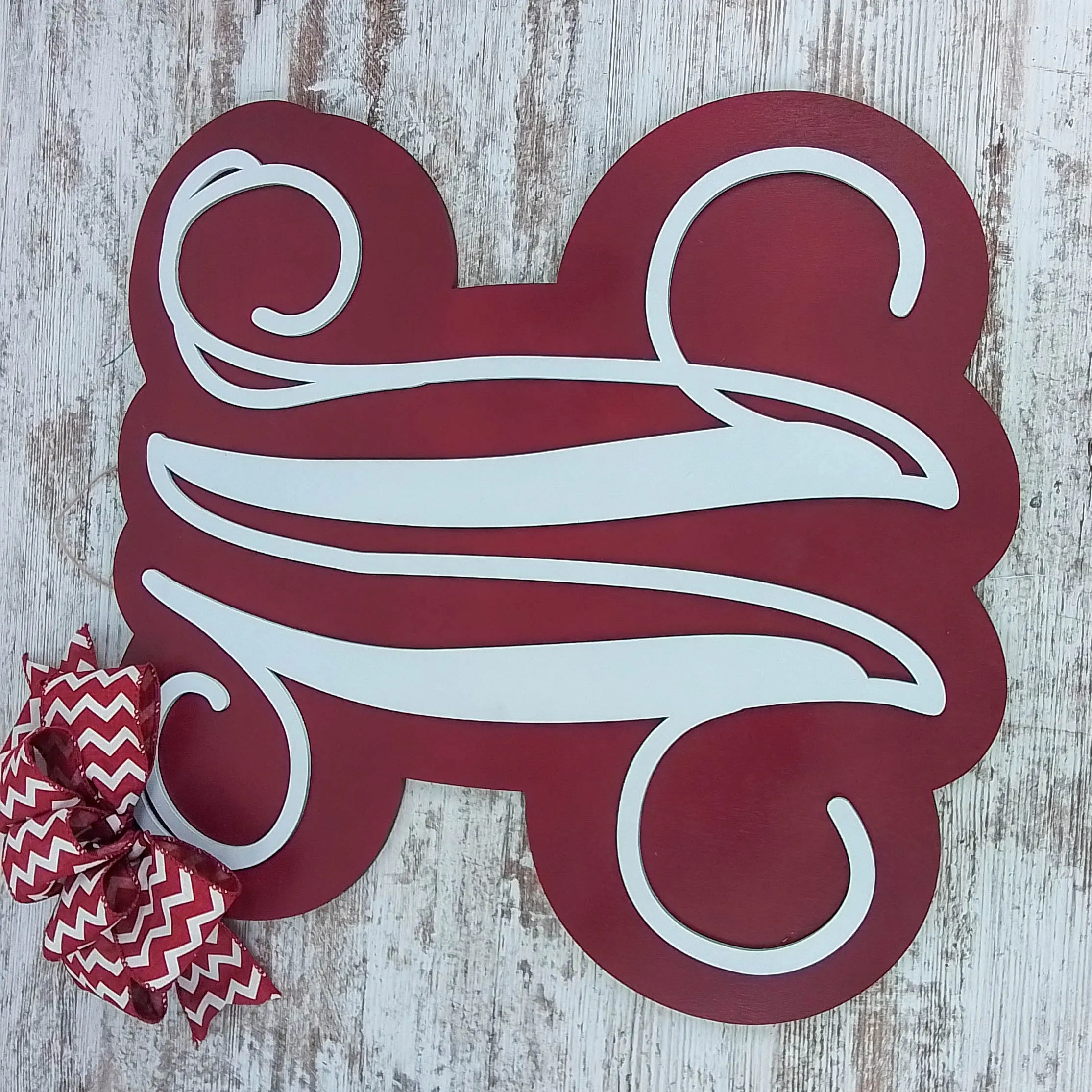 Red Wooden Door Hanger, Monogrammed Home Decor, Ribbon Bow Accent