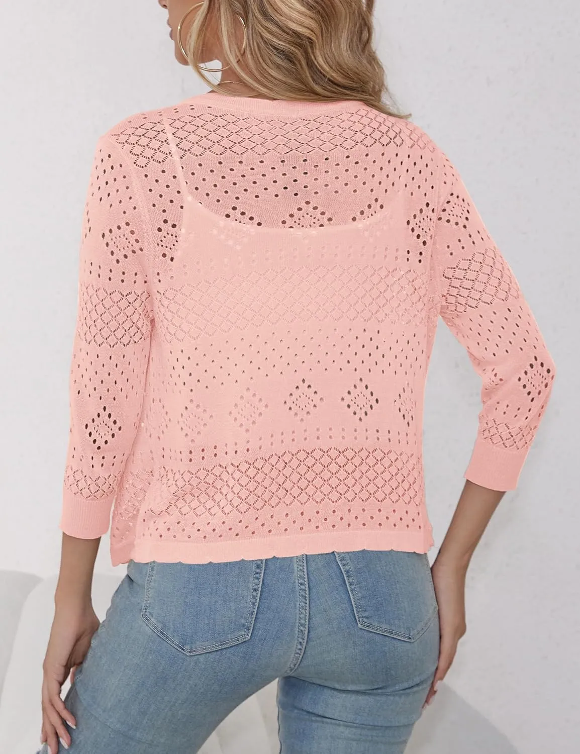 REDHOTYPE Women's 3/4 Sleeve Cardigan Open Front Cropped Shrugs Summer Hollowed Lightweight Cardigans Sweater (S-XL)