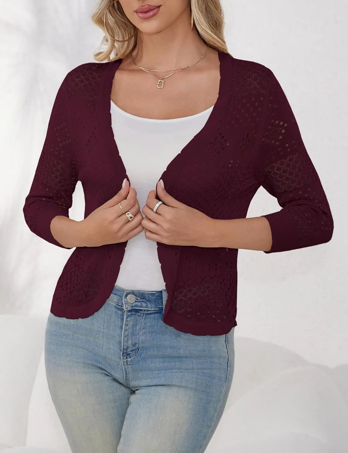 REDHOTYPE Women's 3/4 Sleeve Cardigan Open Front Cropped Shrugs Summer Hollowed Lightweight Cardigans Sweater (S-XL)