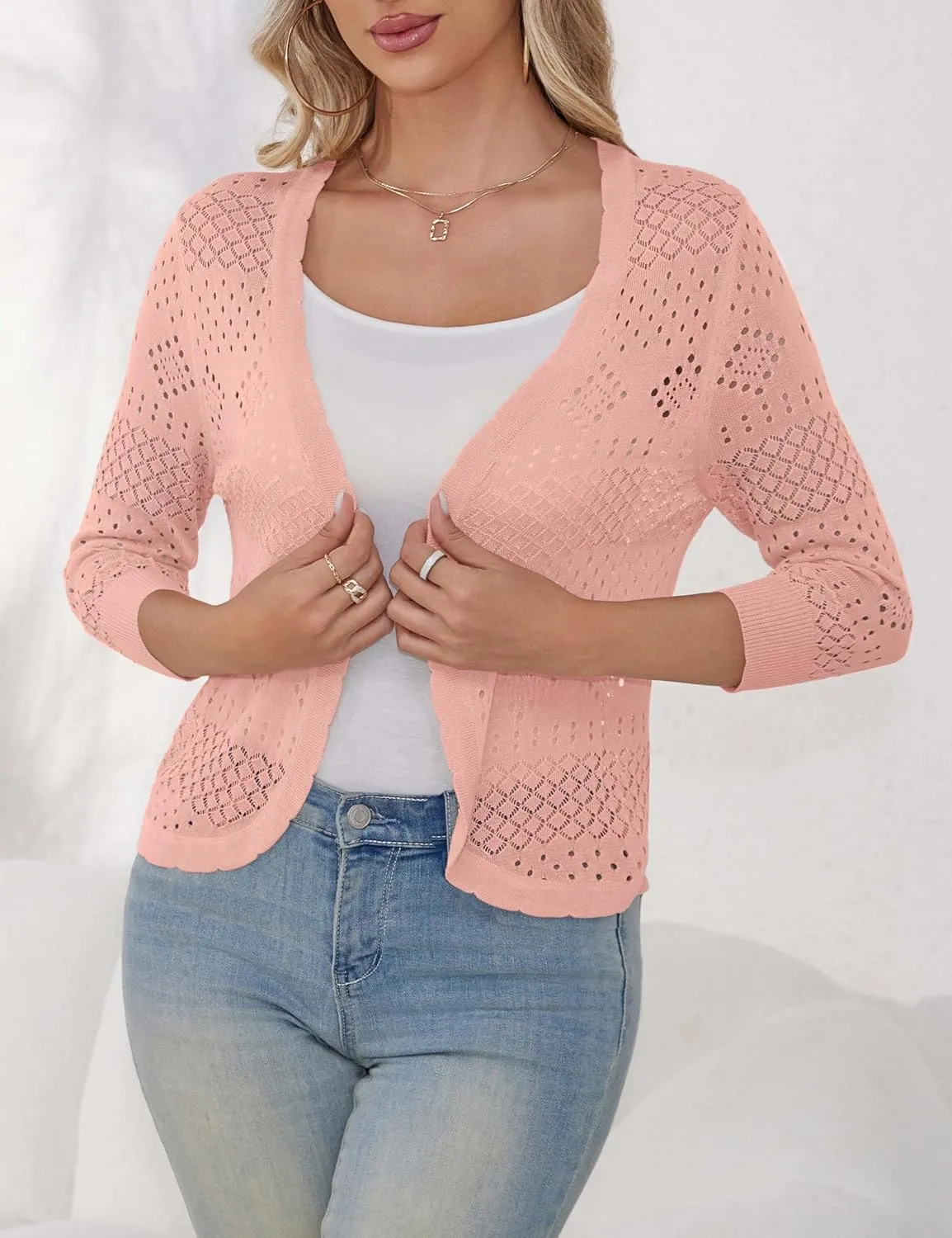 REDHOTYPE Women's 3/4 Sleeve Cardigan Open Front Cropped Shrugs Summer Hollowed Lightweight Cardigans Sweater (S-XL)