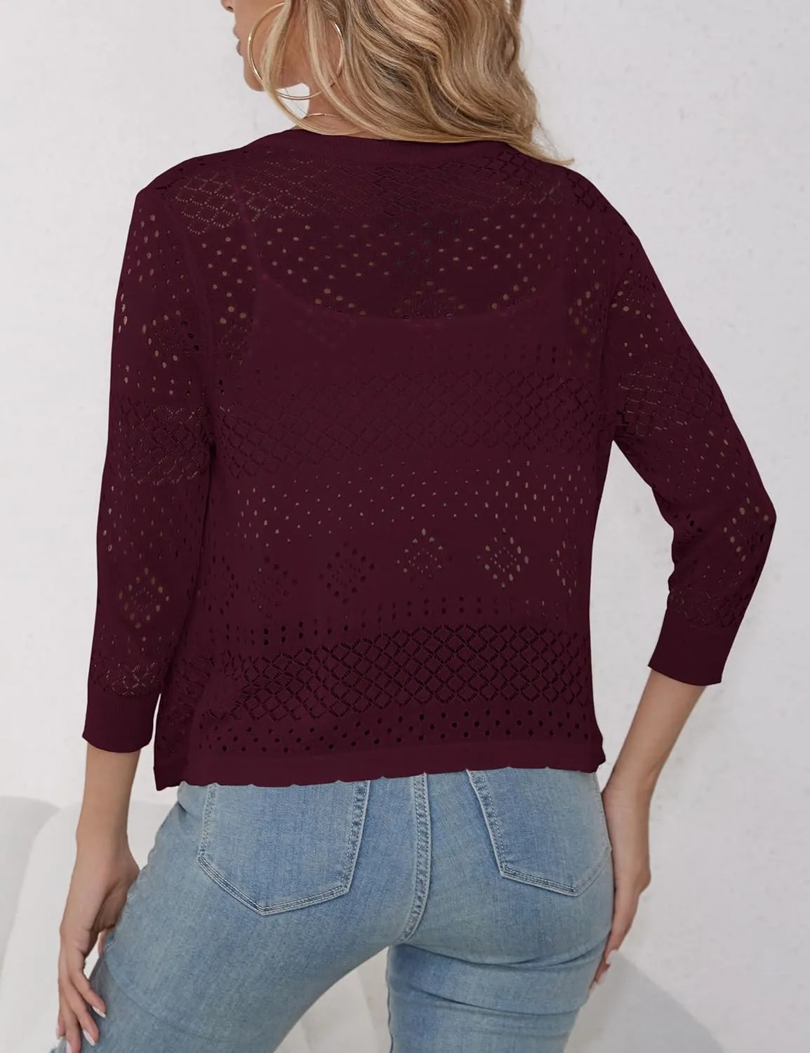 REDHOTYPE Women's 3/4 Sleeve Cardigan Open Front Cropped Shrugs Summer Hollowed Lightweight Cardigans Sweater (S-XL)