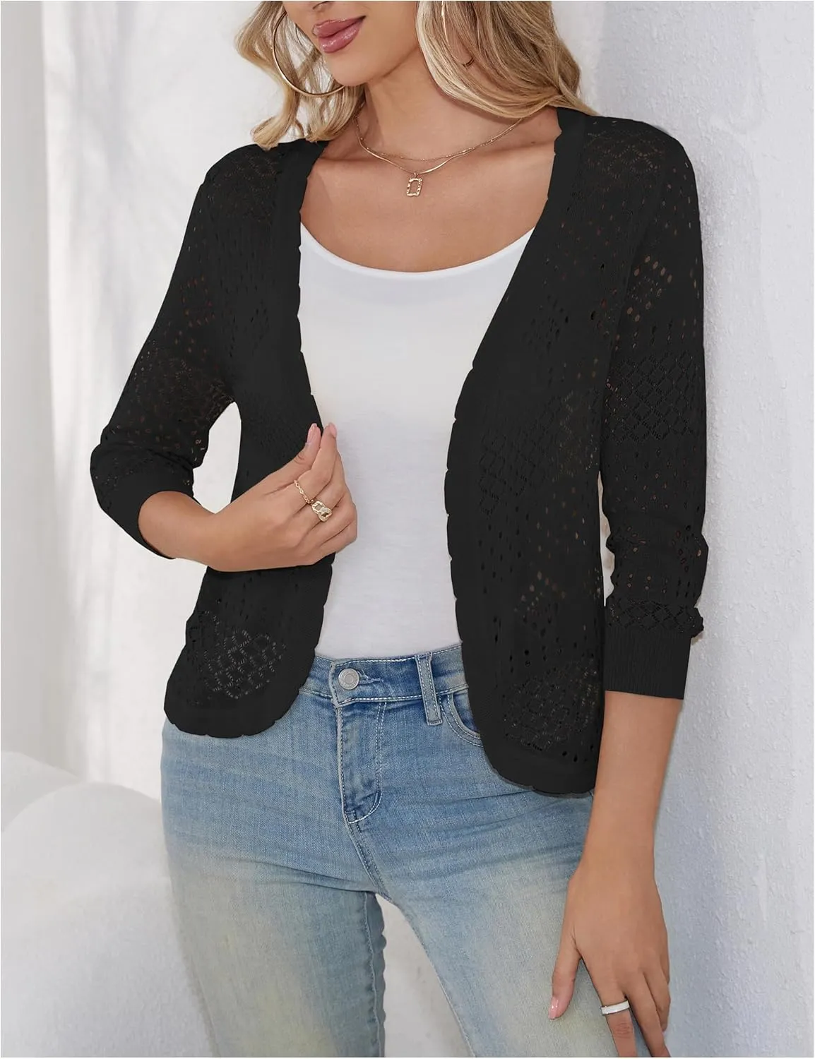 REDHOTYPE Women's 3/4 Sleeve Cardigan Open Front Cropped Shrugs Summer Hollowed Lightweight Cardigans Sweater (S-XL)