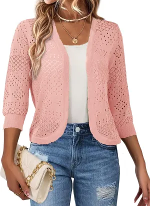 REDHOTYPE Women's 3/4 Sleeve Cardigan Open Front Cropped Shrugs Summer Hollowed Lightweight Cardigans Sweater (S-XL)