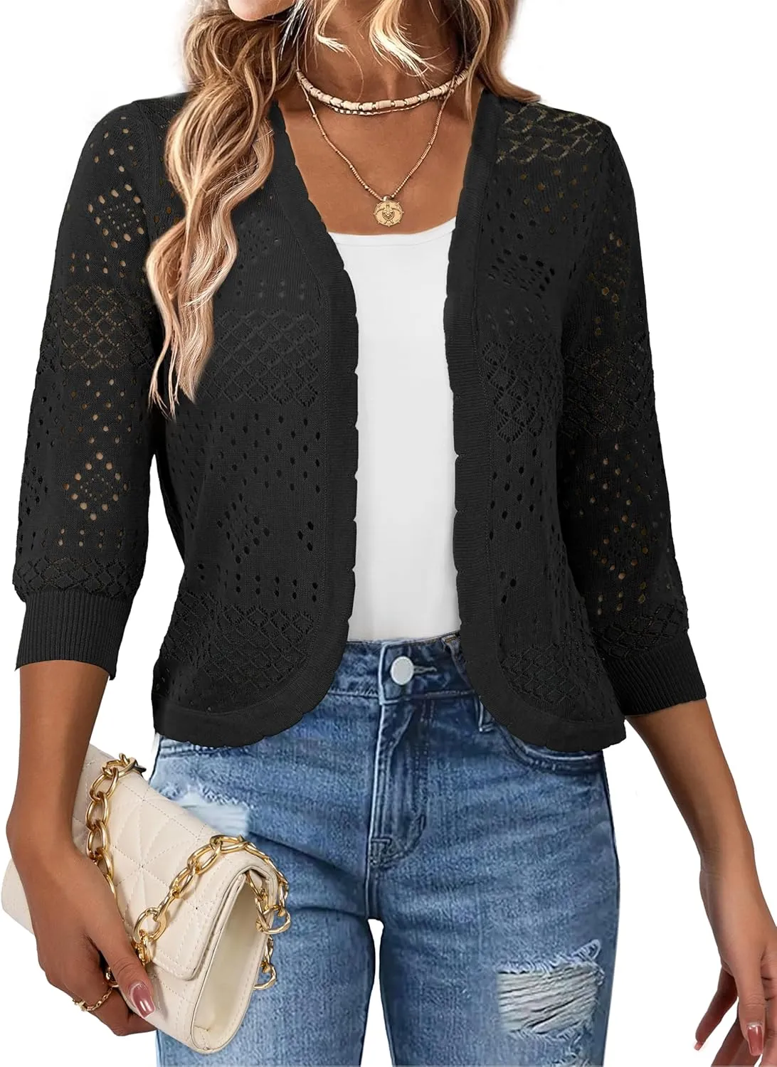 REDHOTYPE Women's 3/4 Sleeve Cardigan Open Front Cropped Shrugs Summer Hollowed Lightweight Cardigans Sweater (S-XL)