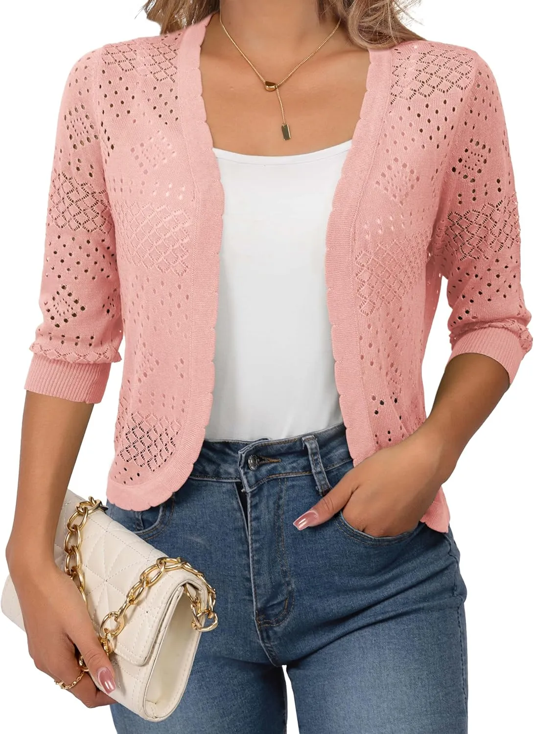 REDHOTYPE Women's 3/4 Sleeve Cardigan Open Front Cropped Shrugs Summer Hollowed Lightweight Cardigans Sweater (S-XL)