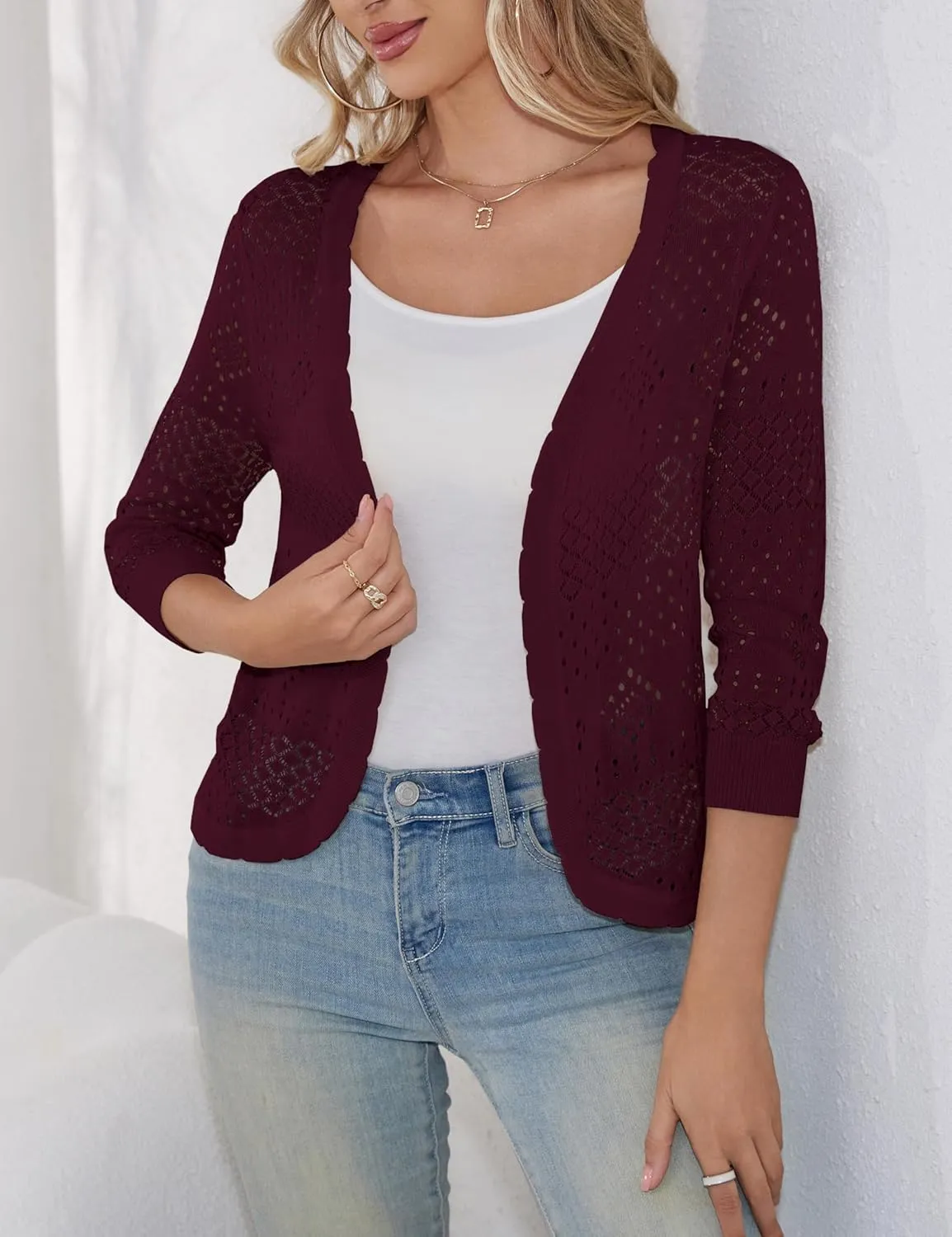REDHOTYPE Women's 3/4 Sleeve Cardigan Open Front Cropped Shrugs Summer Hollowed Lightweight Cardigans Sweater (S-XL)