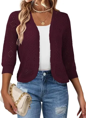 REDHOTYPE Women's 3/4 Sleeve Cardigan Open Front Cropped Shrugs Summer Hollowed Lightweight Cardigans Sweater (S-XL)
