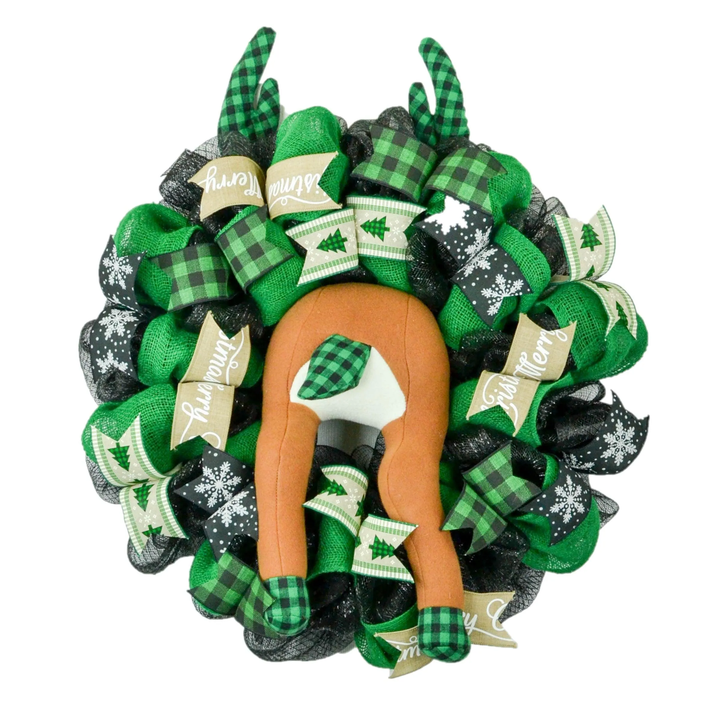Reindeer Wreath - Green and Black Buffalo Plaid Burlap Christmas Decor