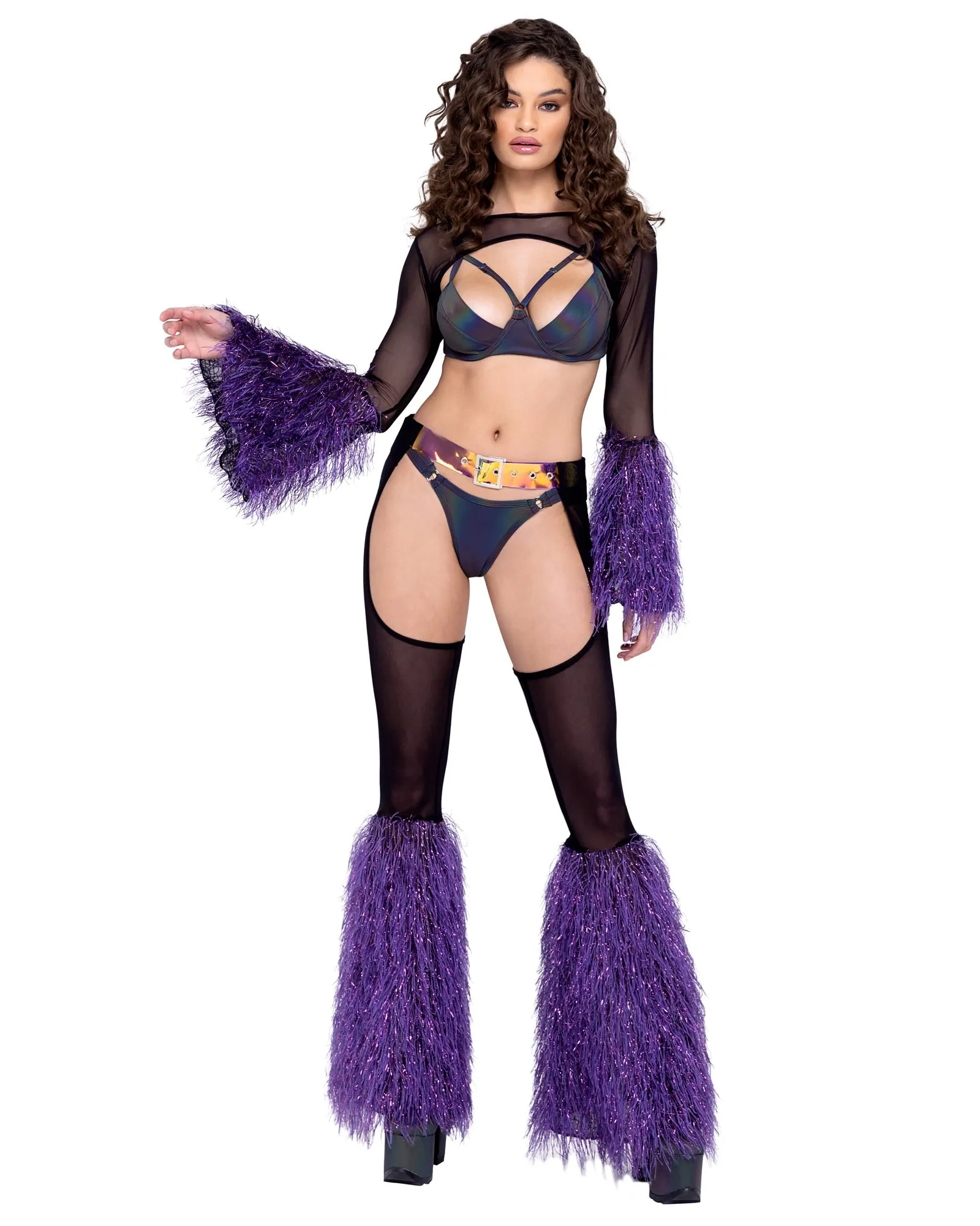Roma Sheer Chaps with Faux Fur Bell & Belt - Rave & Festival Wear