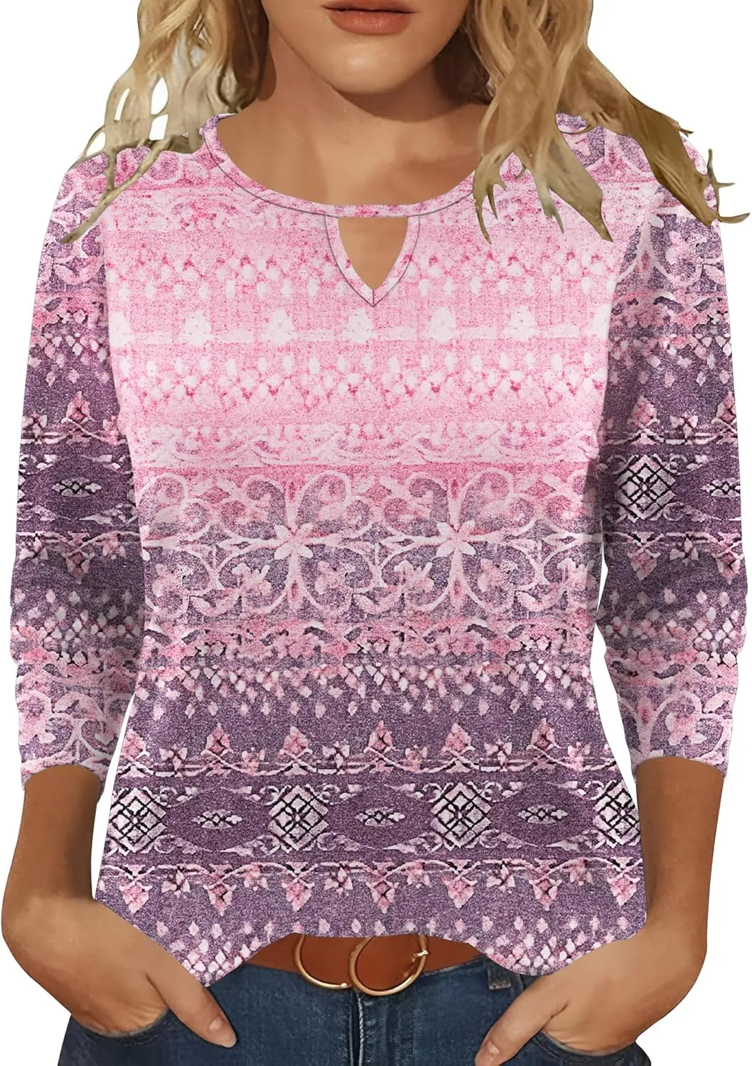 Romanstii 3/4 Length Sleeve Womens Tops Keyhole Crewneck Shirts Business Dressy Casual Tunic Blouses Summer Basic Tees