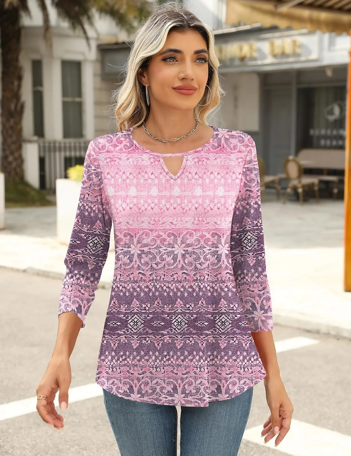 Romanstii 3/4 Length Sleeve Womens Tops Keyhole Crewneck Shirts Business Dressy Casual Tunic Blouses Summer Basic Tees